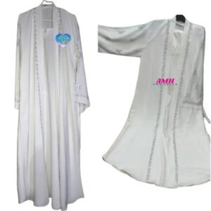 White Stonework Coat Inner Attached Gown Abaya With Stollar and Belt